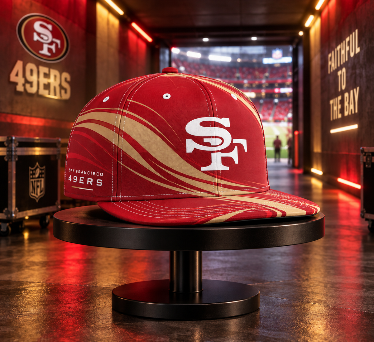 San Francisco 49ers Minimalist Motion Wave Snapback Cap - Stadium Tunnel Neon View