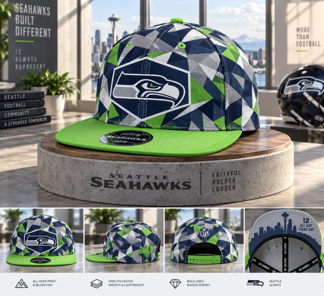 Seattle Seahawks Cyber Geometric Camo Snapback Cap - Studio View