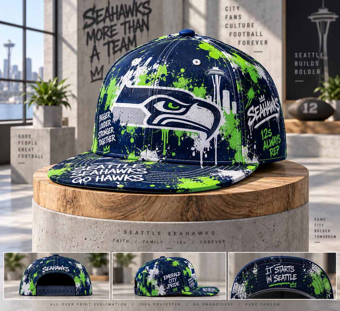 Seattle Seahawks Street Graffiti Splash Snapback Cap - Studio View