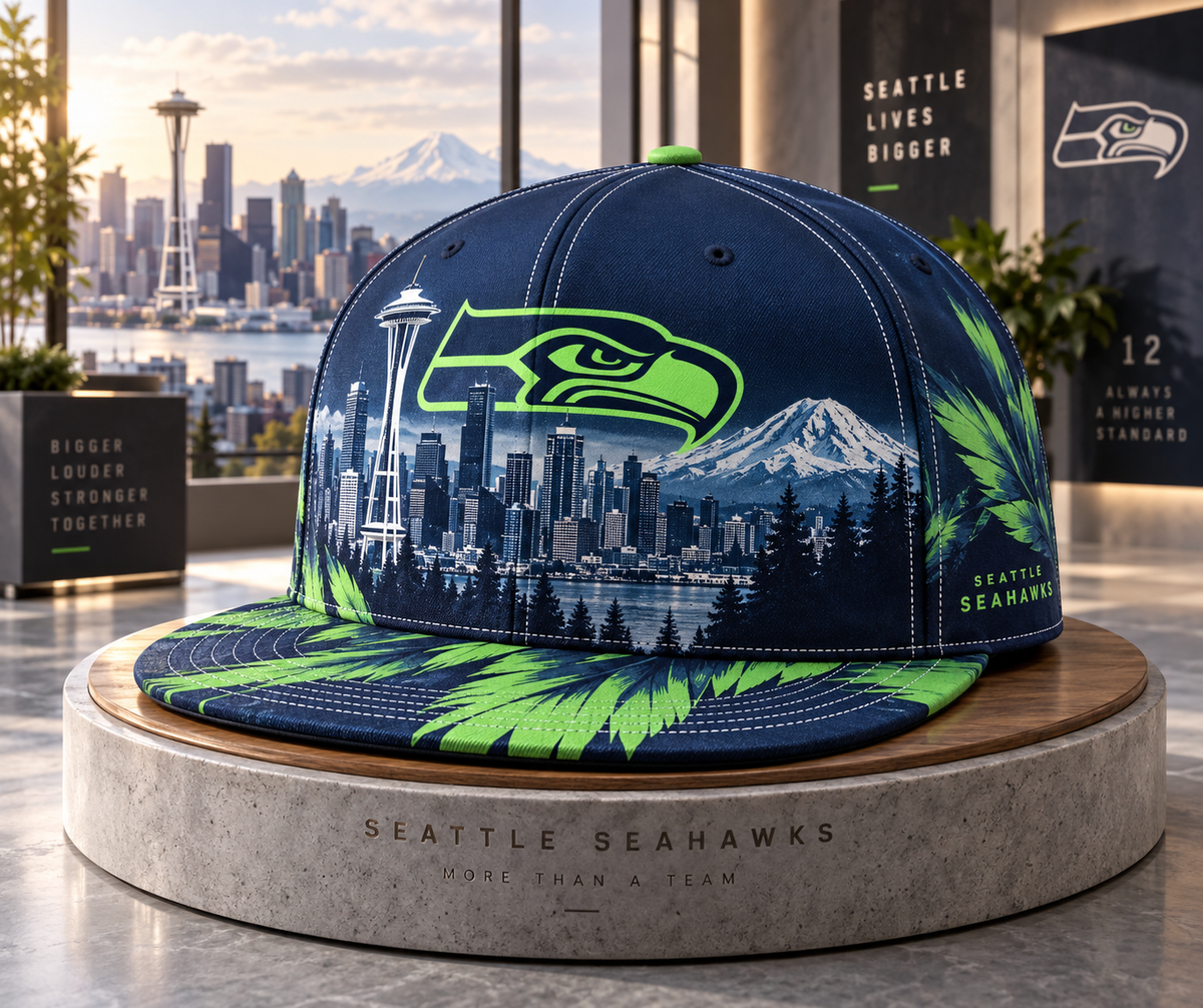 Seattle Seahawks City Skyline Snapback Cap - Studio View