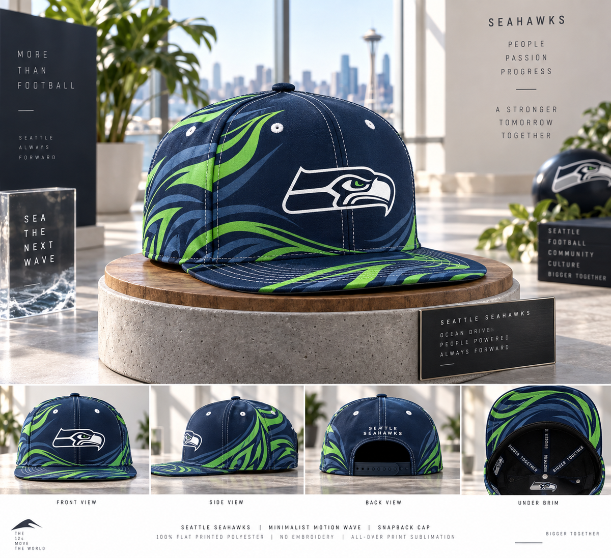 Seattle Seahawks Minimalist Motion Wave Snapback Cap - Studio View