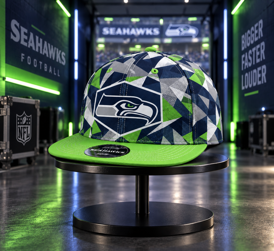 Seattle Seahawks Cyber Geometric Camo Snapback Cap - Studio View