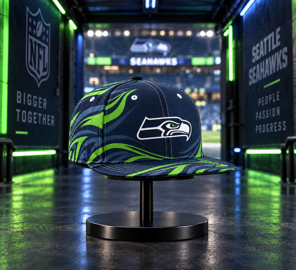 Seattle Seahawks Minimalist Motion Wave Snapback Cap - Stadium Tunnel Neon View