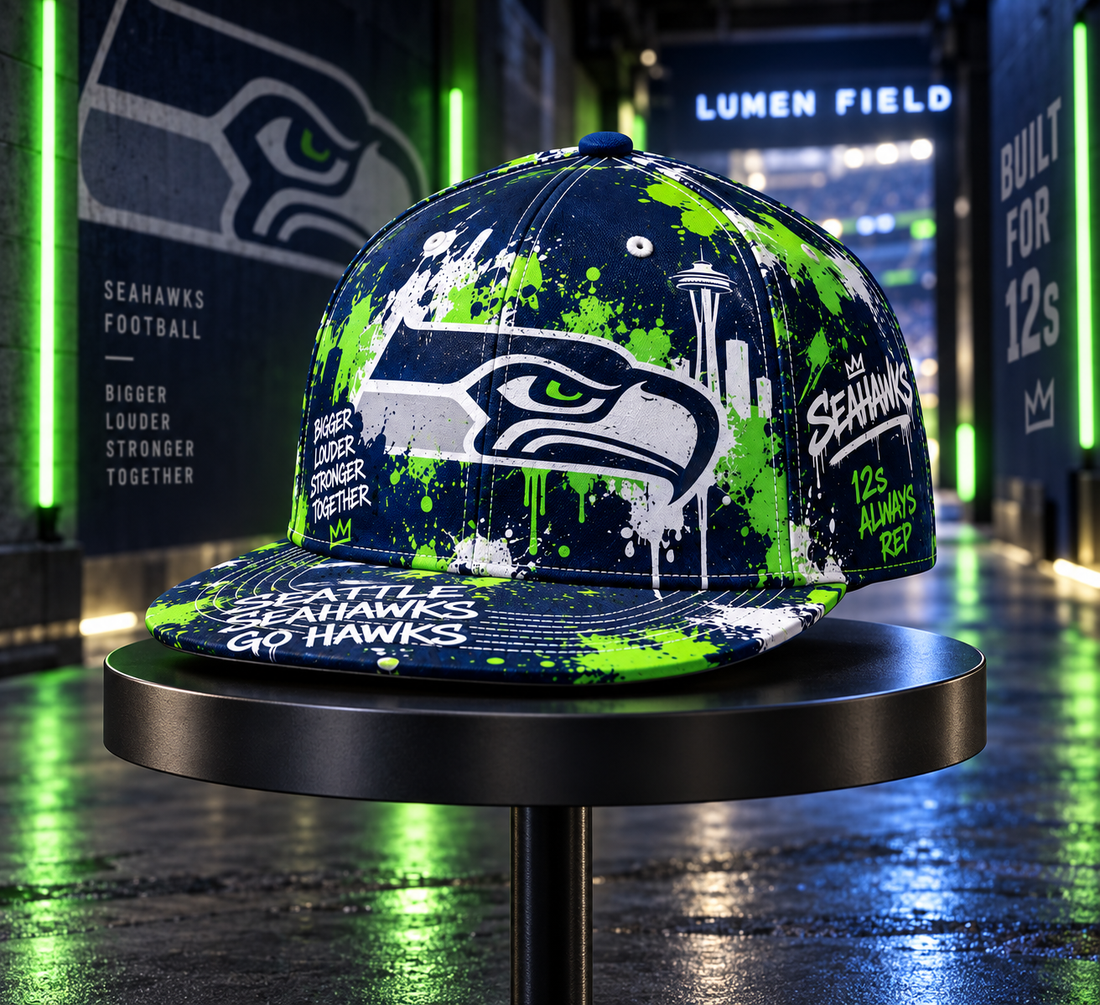Seattle Seahawks Street Graffiti Splash Snapback Cap - Studio View