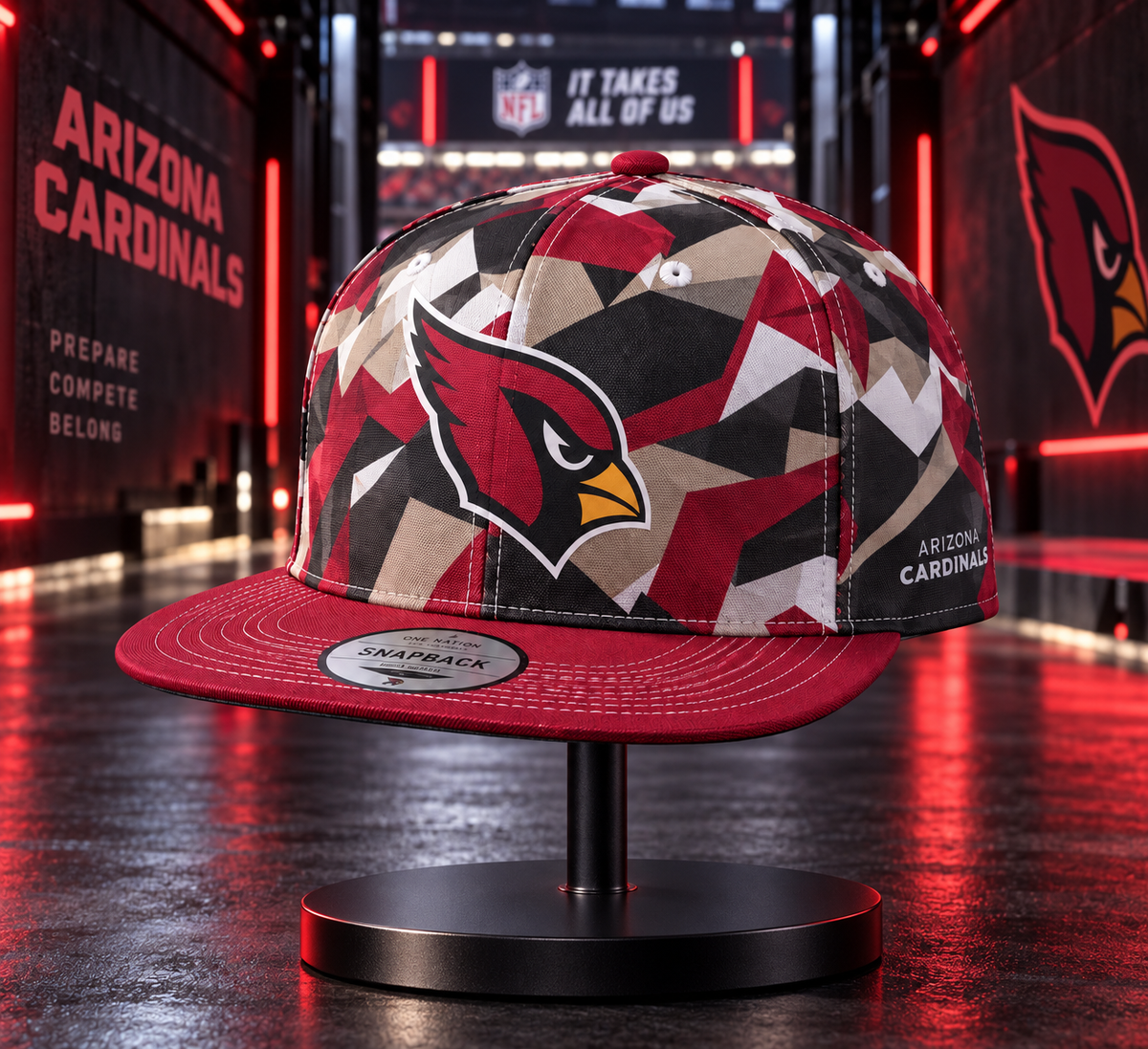 Arizona Cardinals Cyber Geometric Camo Snapback Cap - Stadium Tunnel Neon View