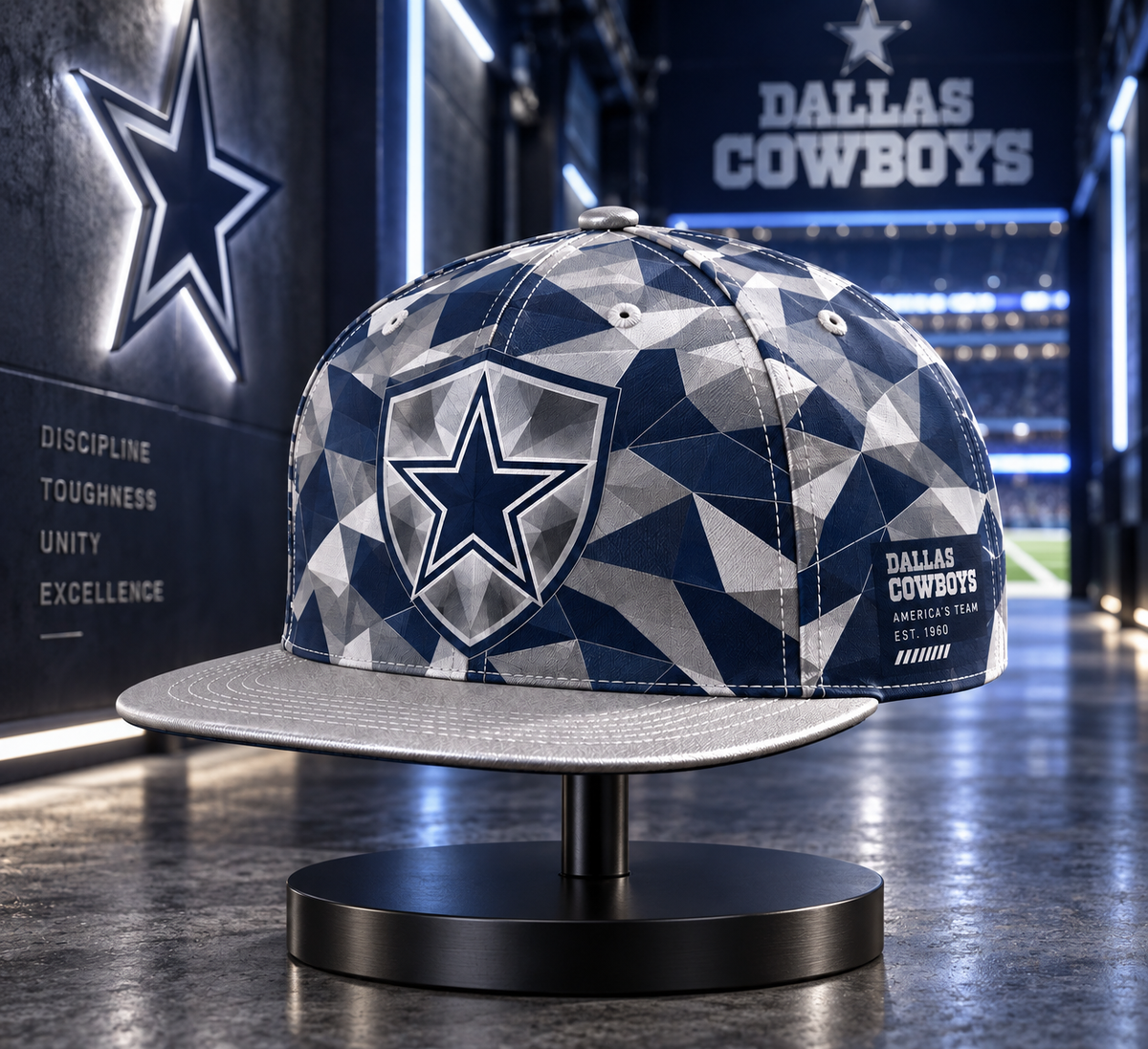 Dallas Cowboys Cyber Geometric Camo Snapback Cap - Stadium Tunnel Neon View