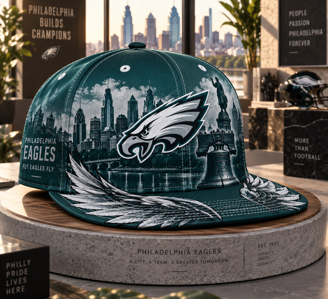 Philadelphia Eagles City Skyline Snapback Cap - Studio View