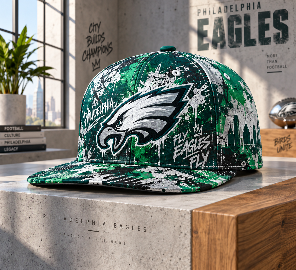Philadelphia Eagles Street Graffiti Splash Snapback Cap - Studio View