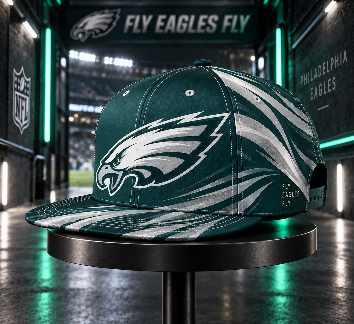 Philadelphia Eagles Minimalist Motion Wave Snapback Cap - Stadium Tunnel Neon View