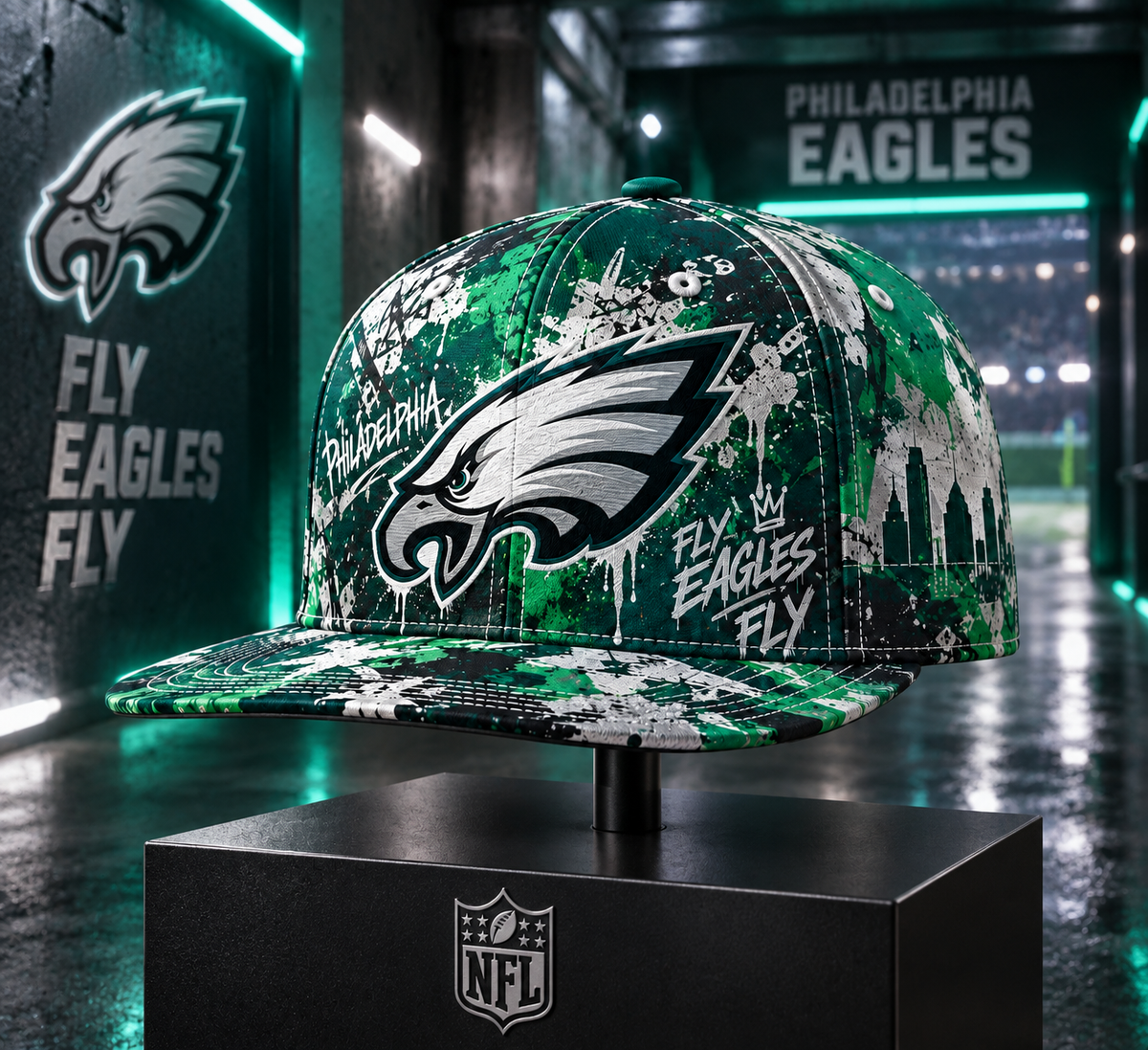 Philadelphia Eagles Street Graffiti Splash Snapback Cap - Stadium Tunnel Neon View
