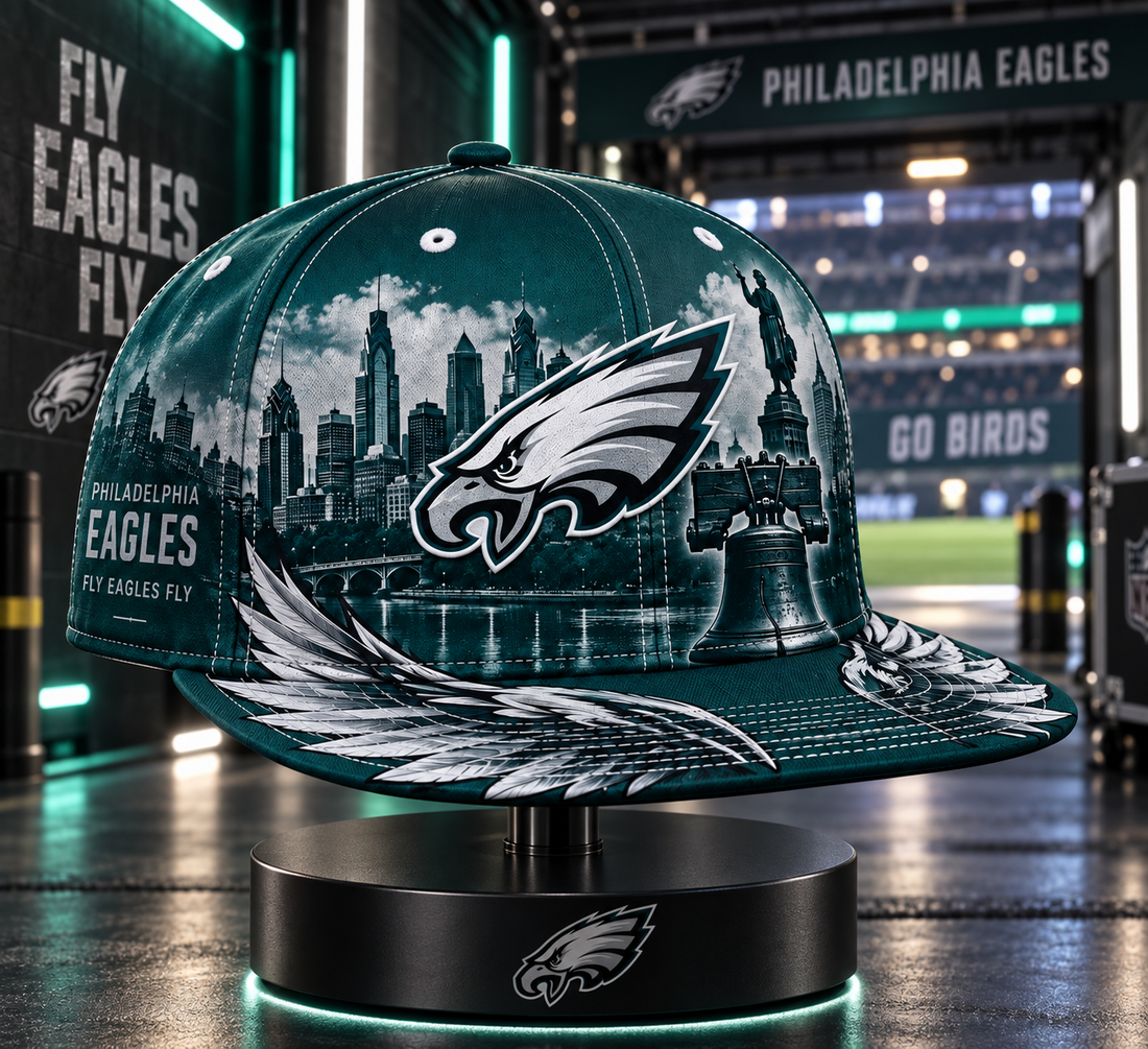 Philadelphia Eagles City Skyline Snapback Cap - Studio View