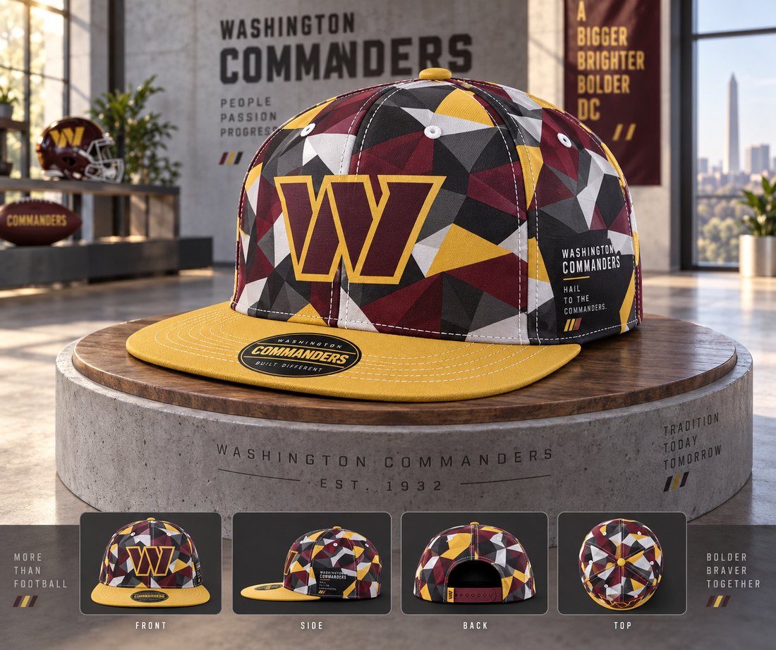 Washington Commanders Cyber Geometric Camo Snapback Cap - Studio View