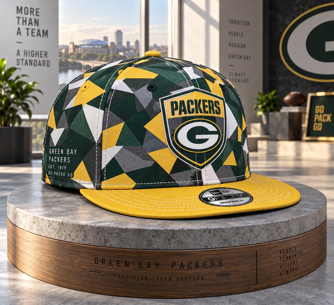 Green Bay Packers Cyber Geometric Camo Snapback Cap - Studio View