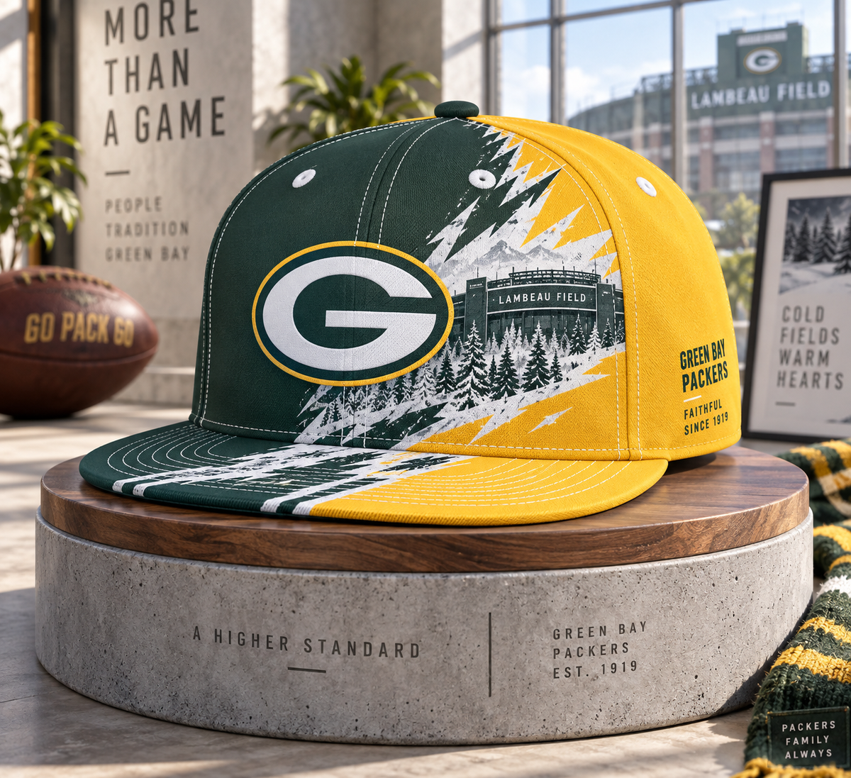 Green Bay Packers Dynamic Split Colorblock Snapback Cap - Studio View