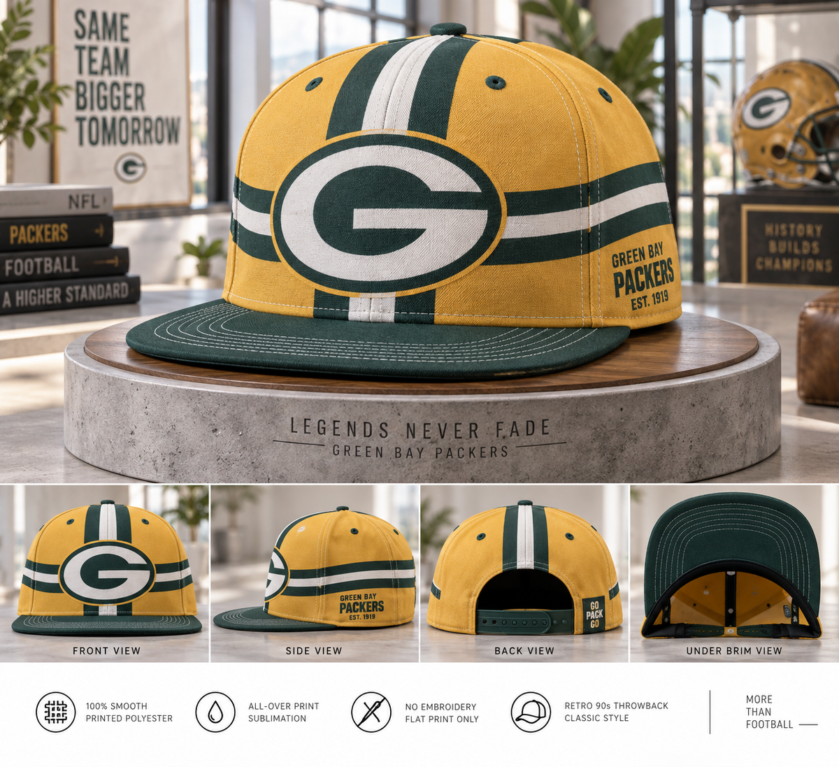 Green Bay Packers Retro 90s Throwback Snapback Cap - Studio View