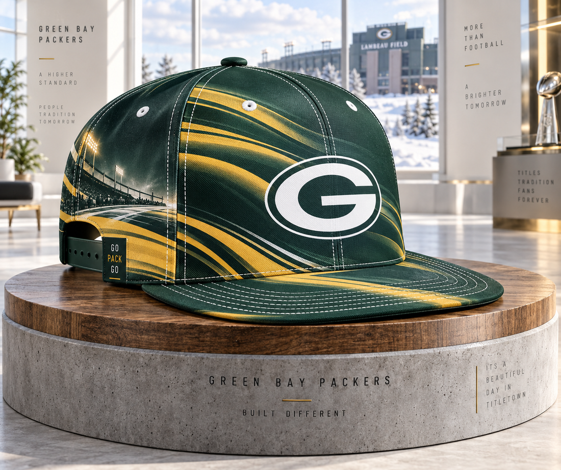 Green Bay Packers Minimalist Motion Wave Snapback Cap - Studio View