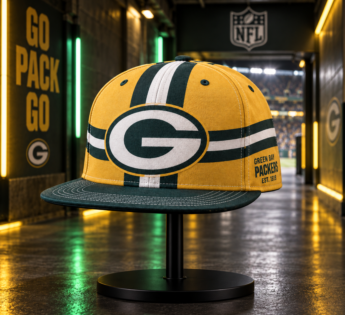 Green Bay Packers Retro 90s Throwback Snapback Cap - Stadium Tunnel Neon View