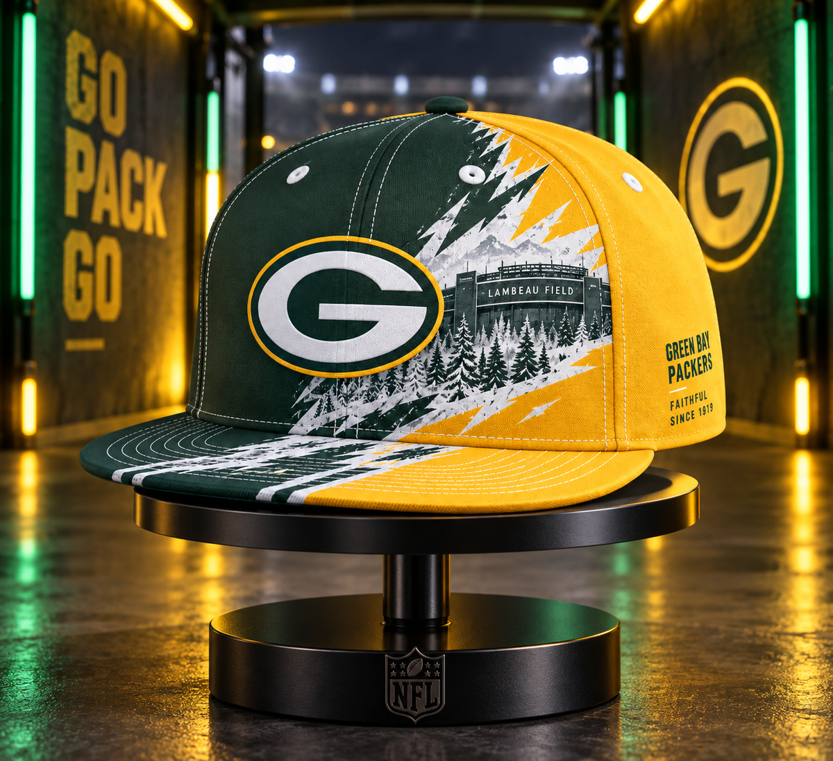 Green Bay Packers Dynamic Split Colorblock Snapback Cap - Stadium Tunnel Neon View