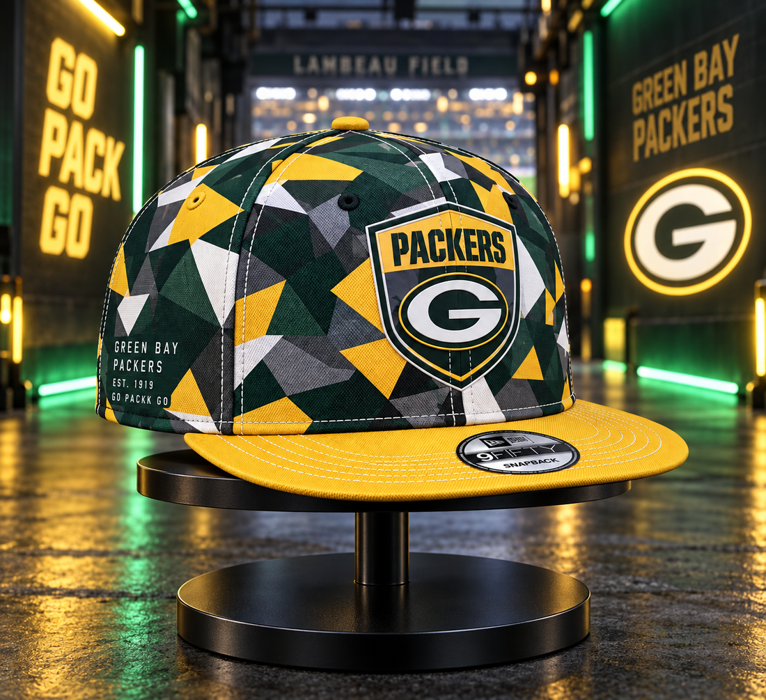 Green Bay Packers Cyber Geometric Camo Snapback Cap - Studio View
