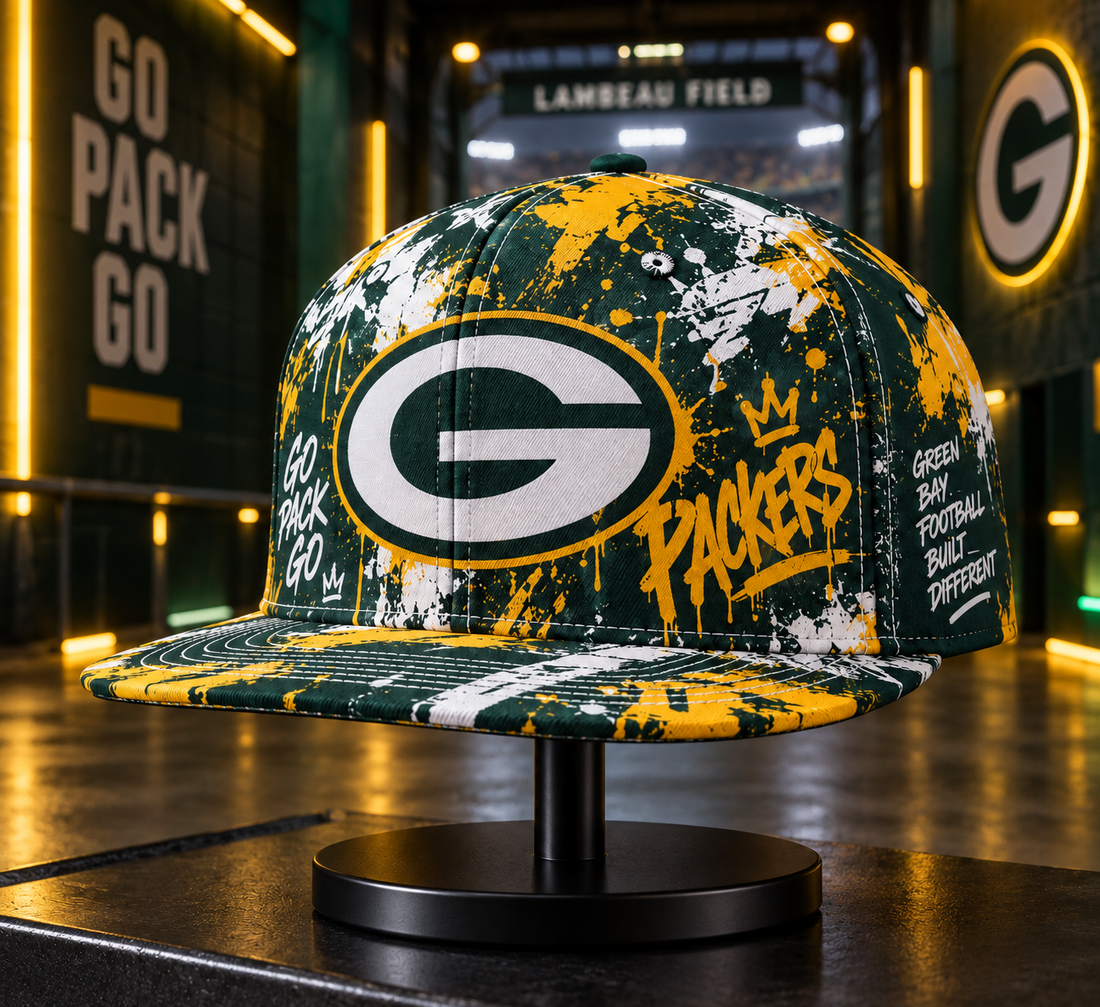Green Bay Packers Street Graffiti Splash Snapback Cap - Studio View