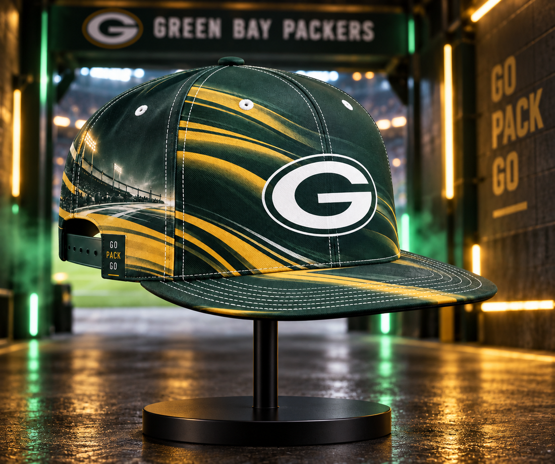 Green Bay Packers Minimalist Motion Wave Snapback Cap - Studio View