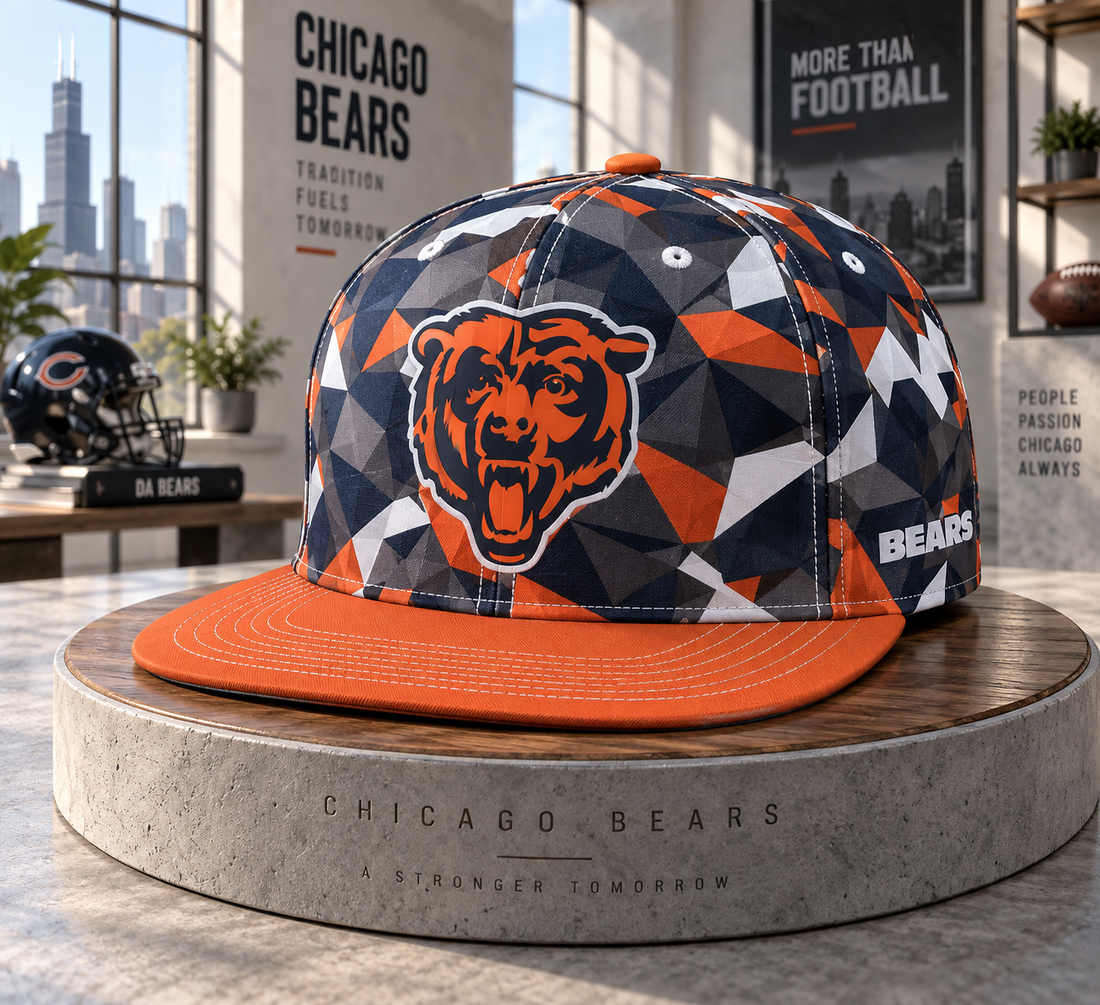 Chicago Bears Cyber Geometric Camo Snapback Cap - Studio View