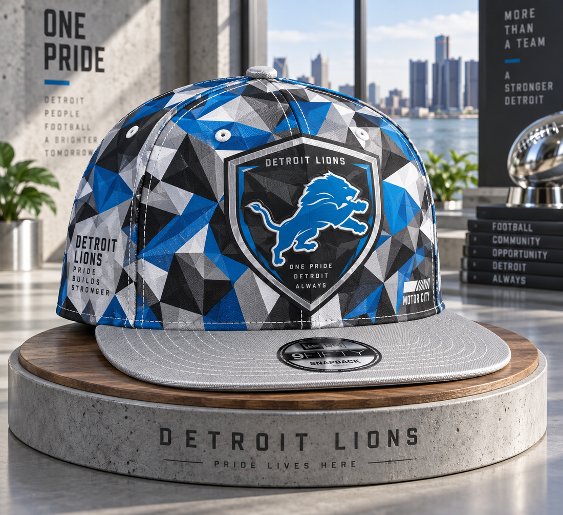 Detroit Lions Cyber Geometric Camo Snapback Cap - Studio View