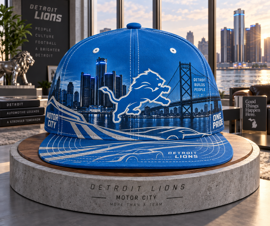 Detroit Lions Motor City Skyline Snapback Cap - Studio View