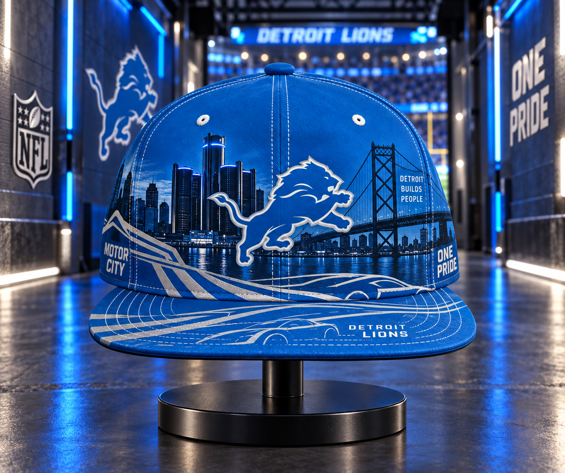 Detroit Lions Motor City Skyline Snapback Cap - Studio View