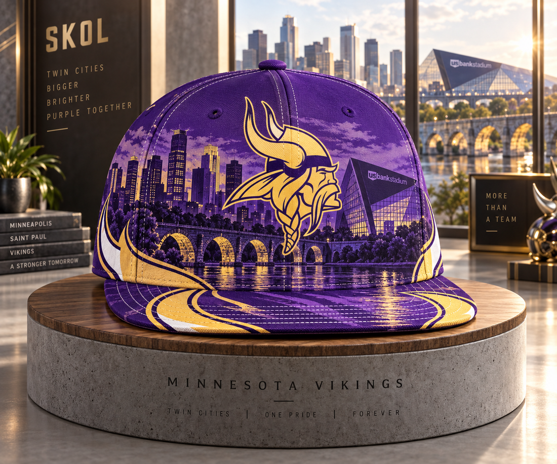 Minnesota Vikings Twin Cities Skyline Snapback Cap - Studio View