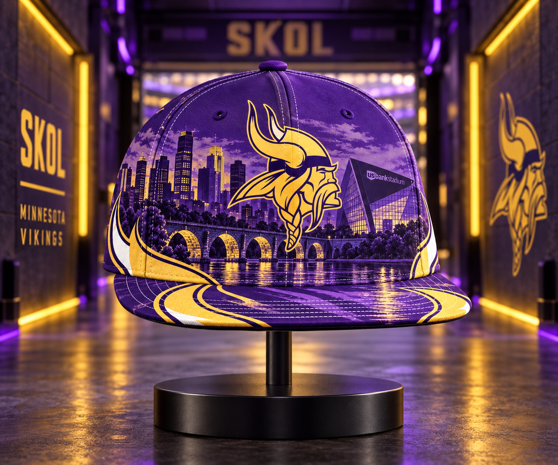 Minnesota Vikings Twin Cities Skyline Snapback Cap - Studio View