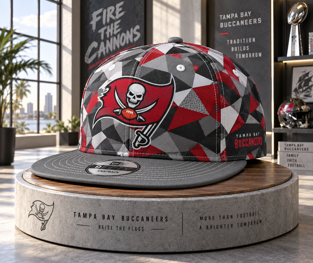 Tampa Bay Buccaneers Cyber Geometric Camo Snapback Cap - Studio View