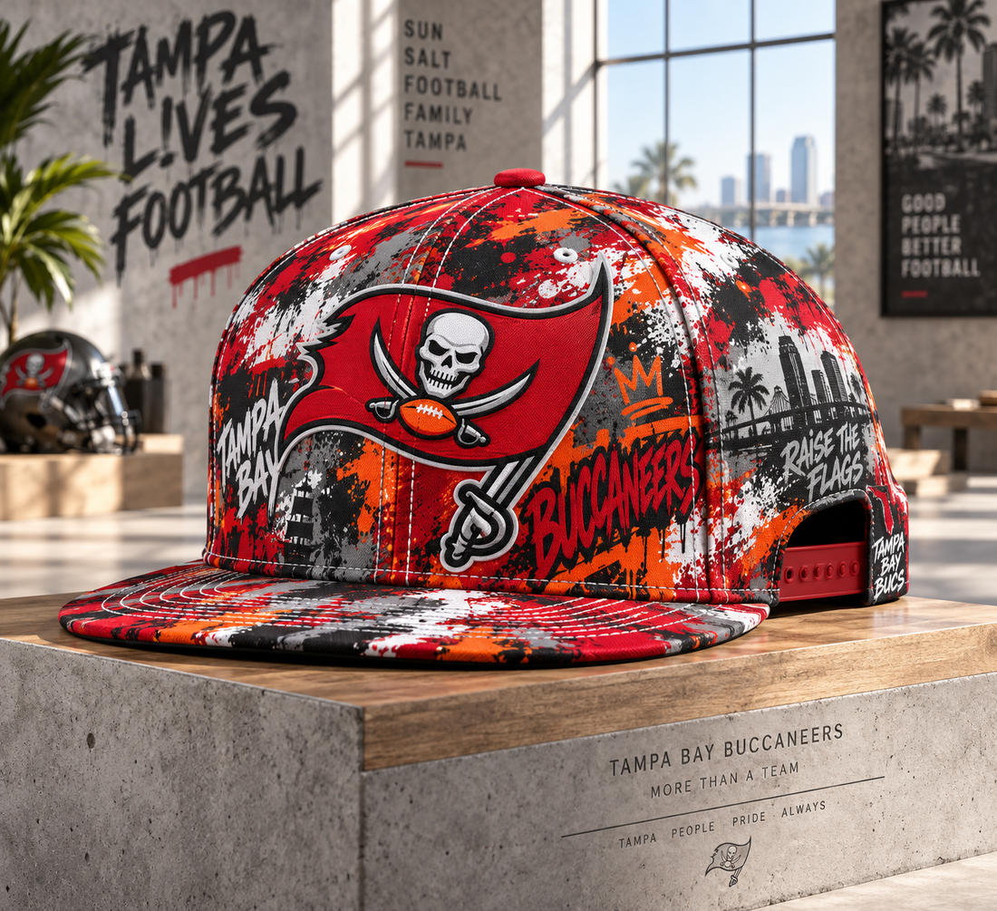 Tampa Bay Buccaneers Street Graffiti Splash Snapback Cap - Studio View