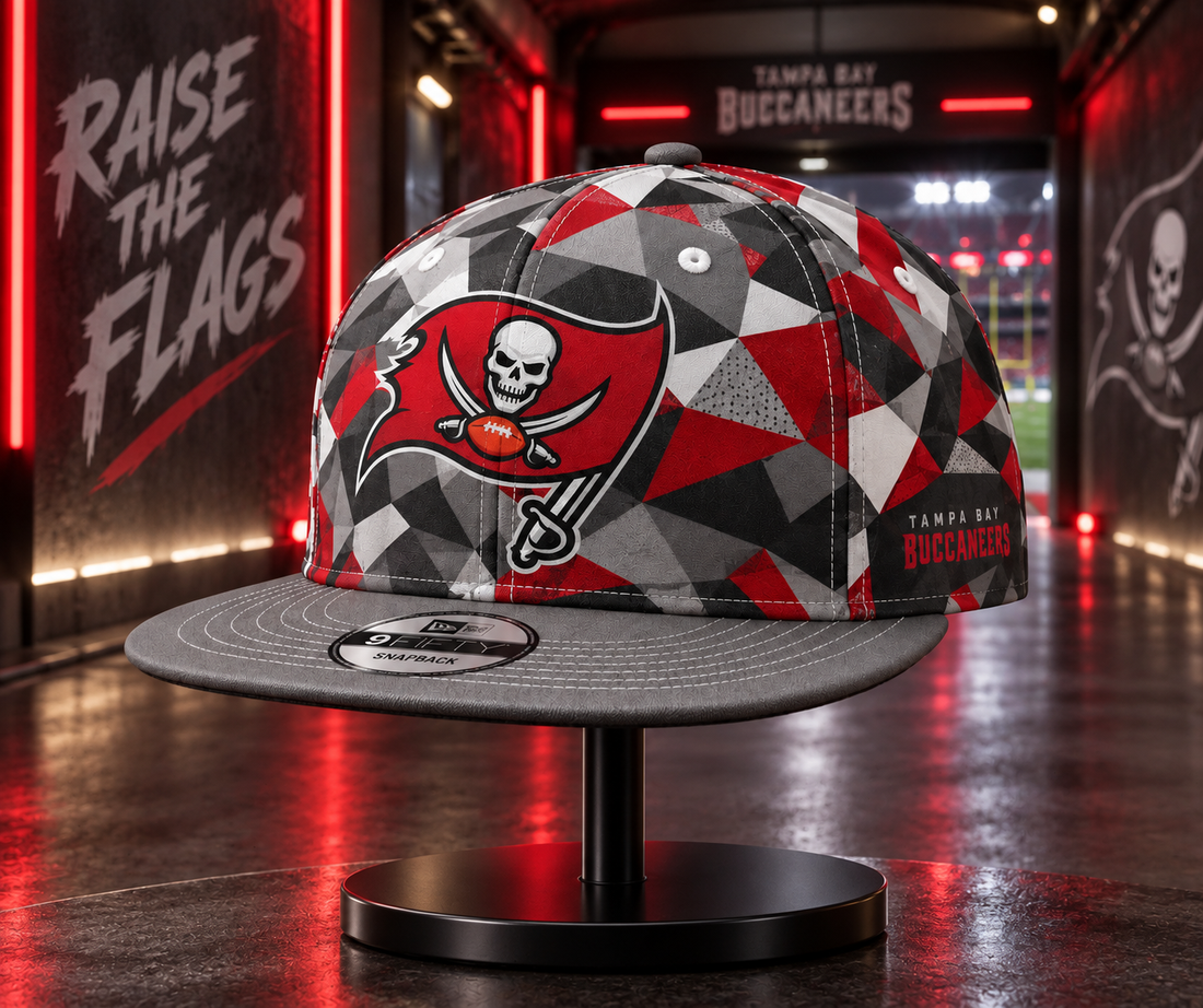 Tampa Bay Buccaneers Cyber Geometric Camo Snapback Cap - Studio View