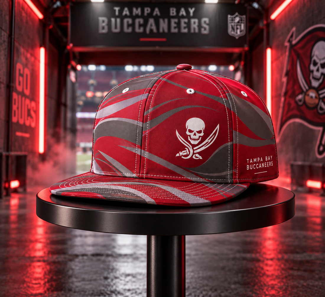 Tampa Bay Buccaneers Minimalist Motion Wave Snapback Cap - Studio View