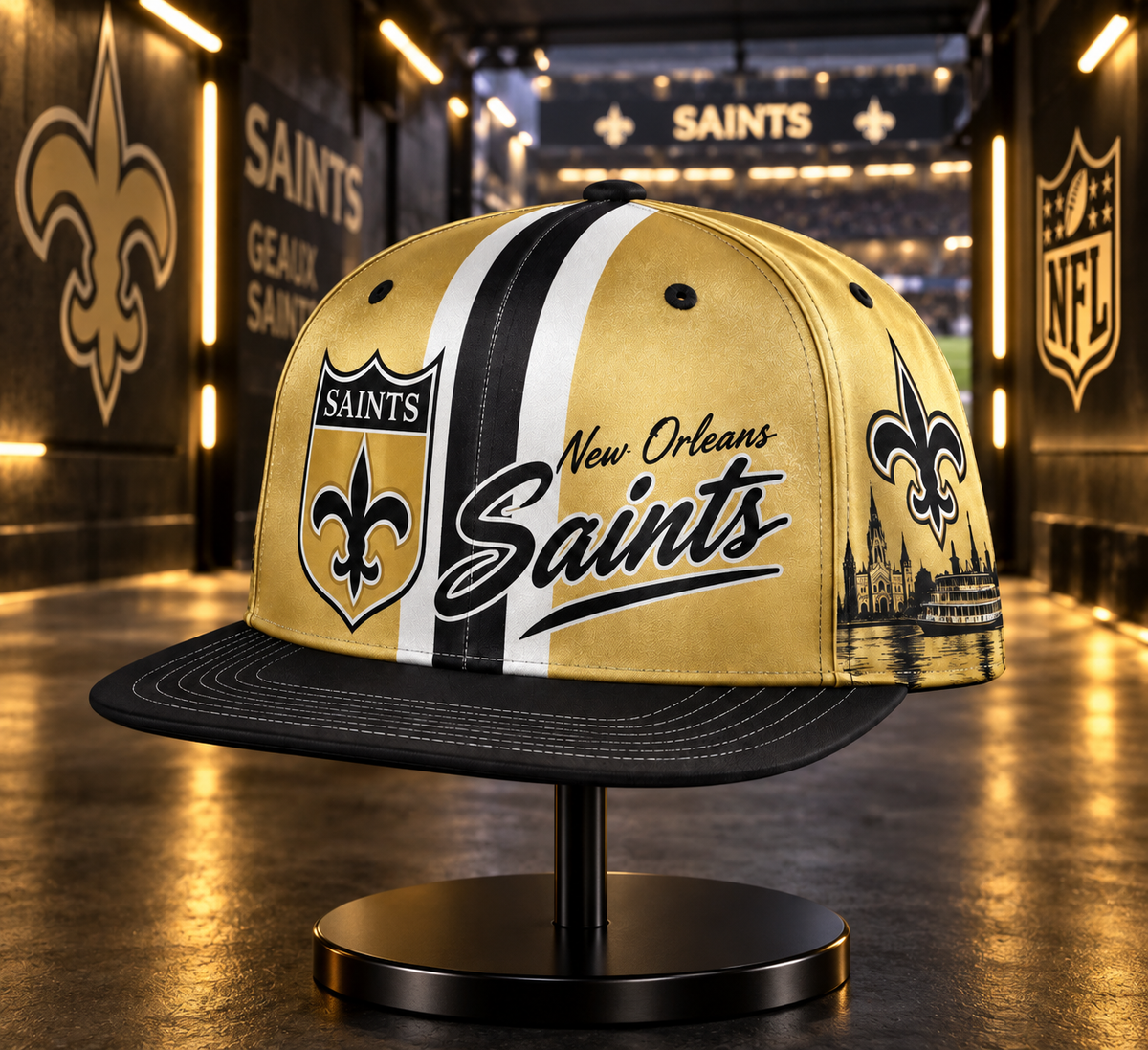 New Orleans Saints Retro 90s Throwback Snapback Cap - Stadium Tunnel Neon View