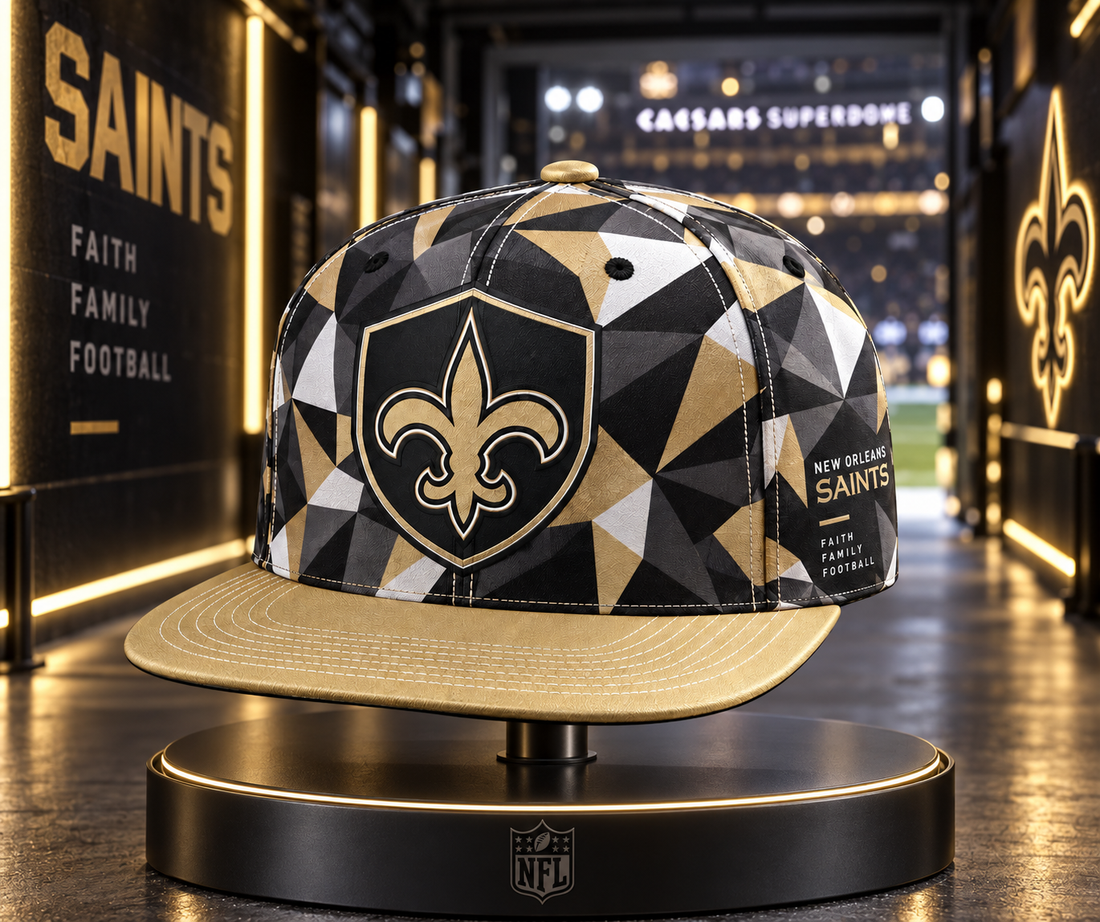 New Orleans Saints Cyber Geometric Camo Snapback Cap - Studio View