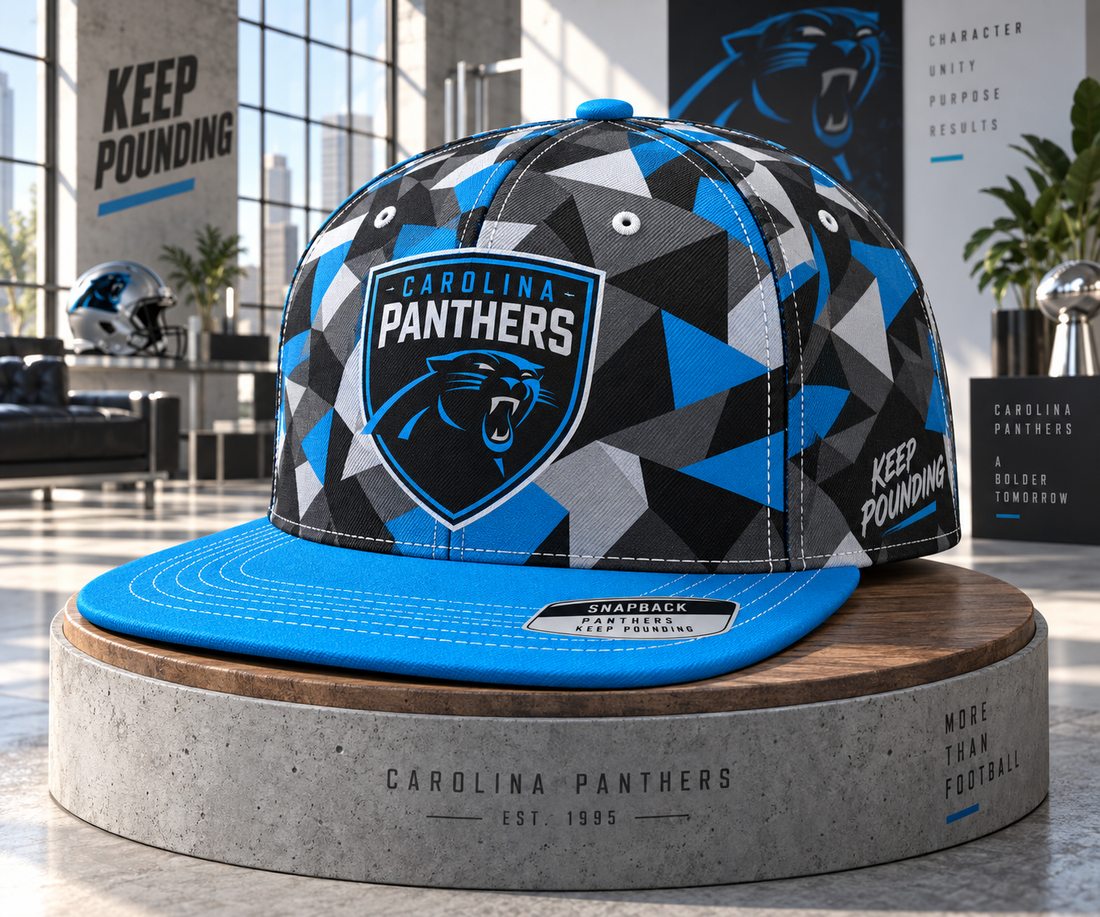 Carolina Panthers Cyber Geometric Camo Snapback Cap - Studio View