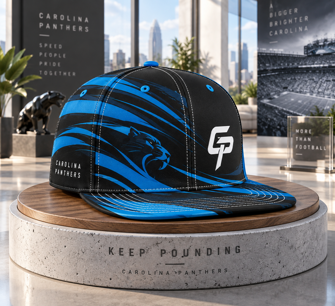 Carolina Panthers Minimalist Motion Wave Snapback Cap - Studio View