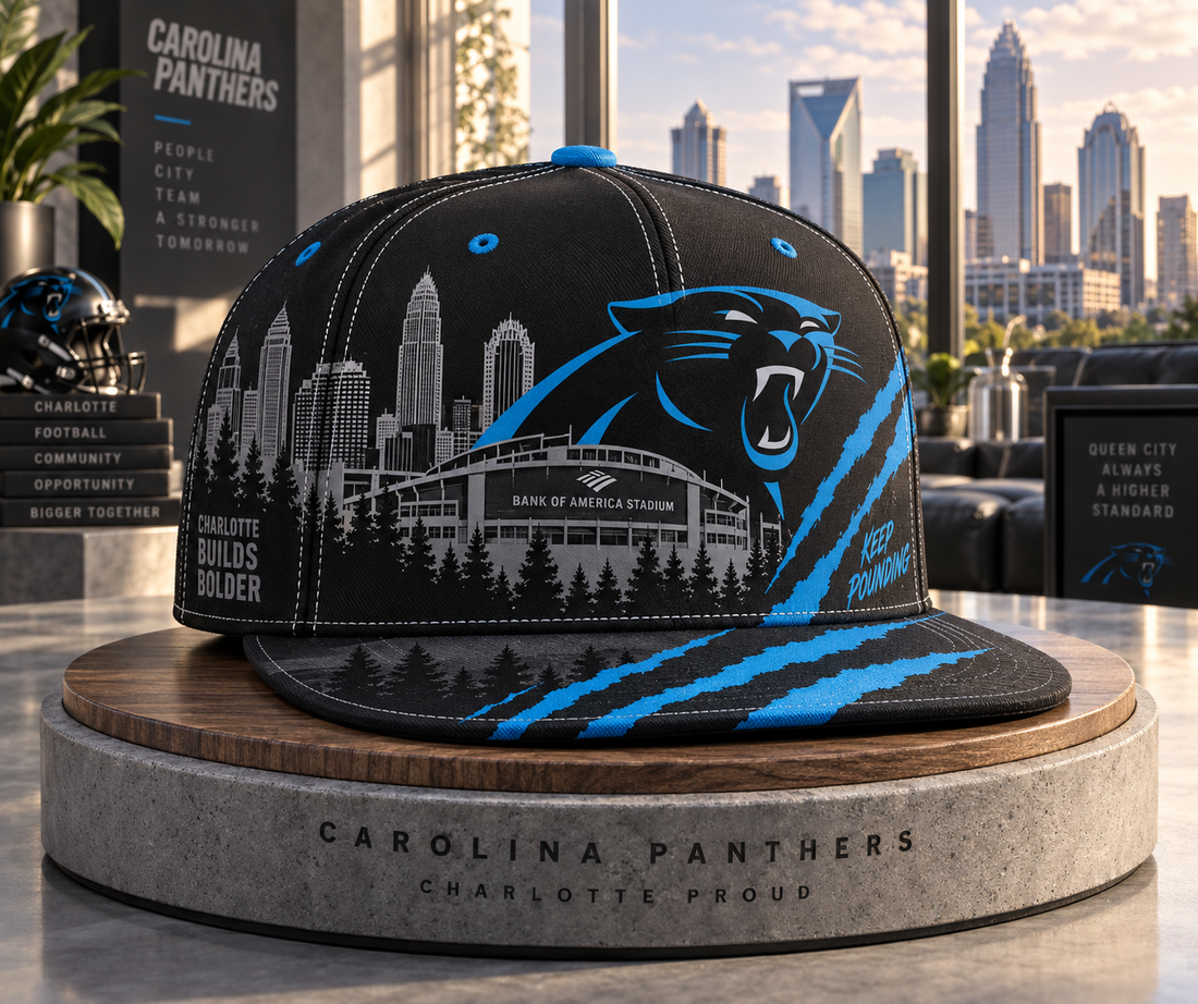 Carolina Panthers Charlotte Skyline Snapback Cap - Studio View