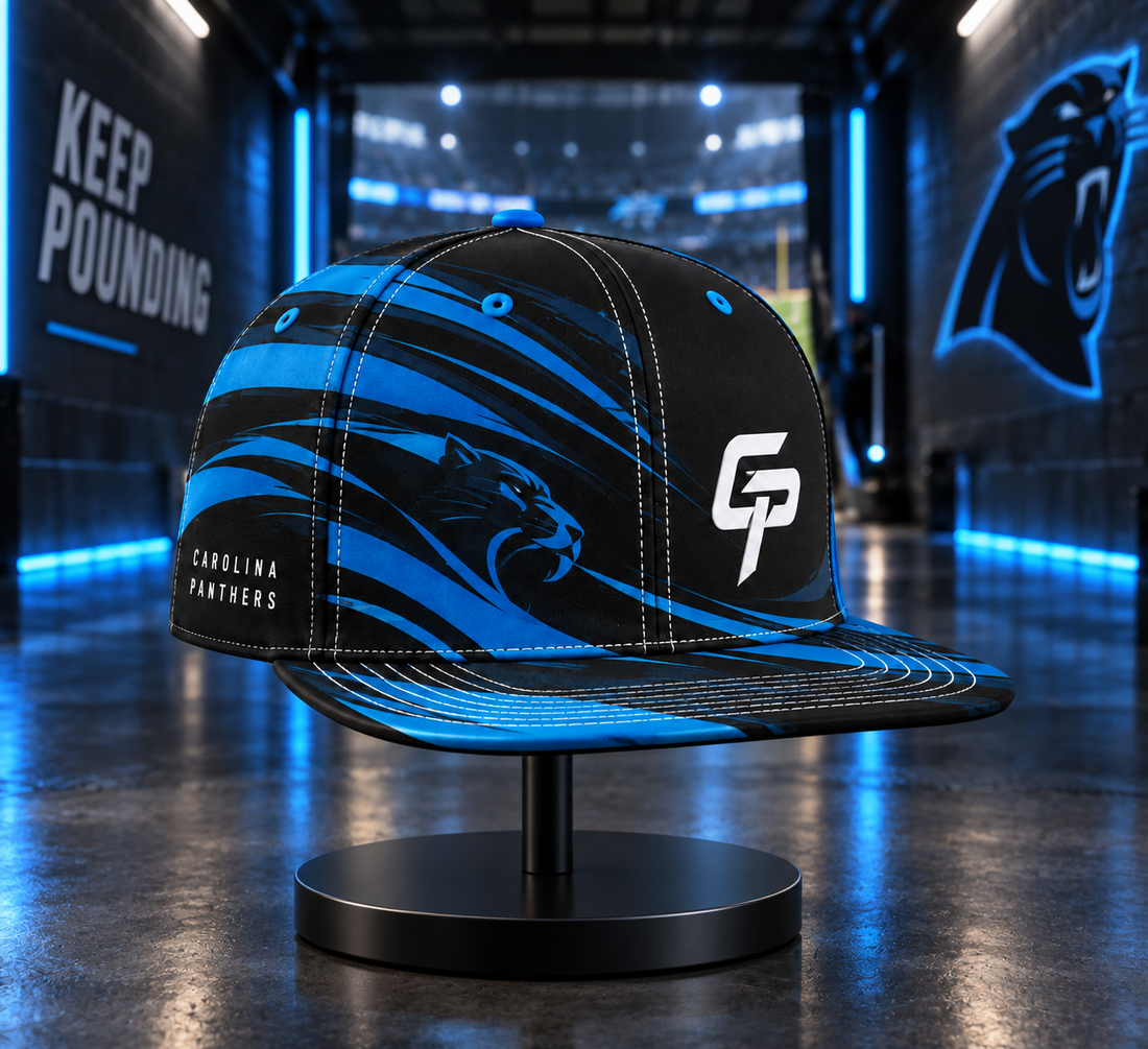 Carolina Panthers Minimalist Motion Wave Snapback Cap - Studio View