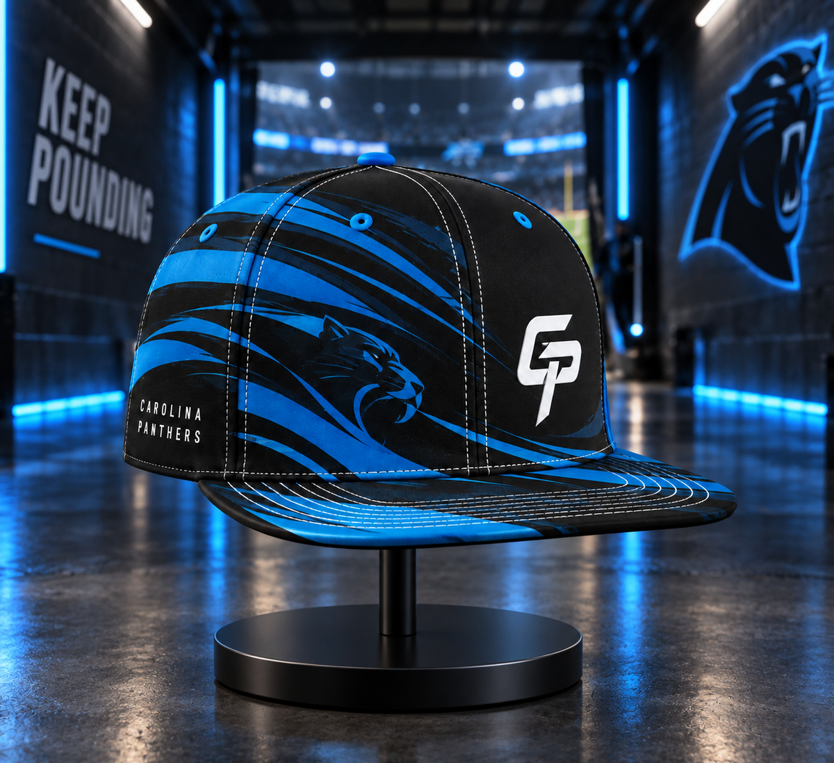 Carolina Panthers Minimalist Motion Wave Snapback Cap - Stadium Tunnel Neon View