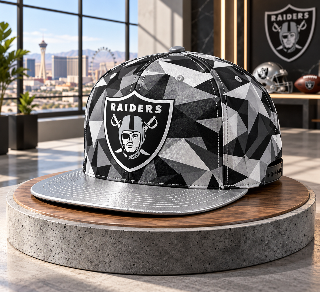 Las Vegas Raiders Cyber Geometric Camo Snapback Cap - Studio View