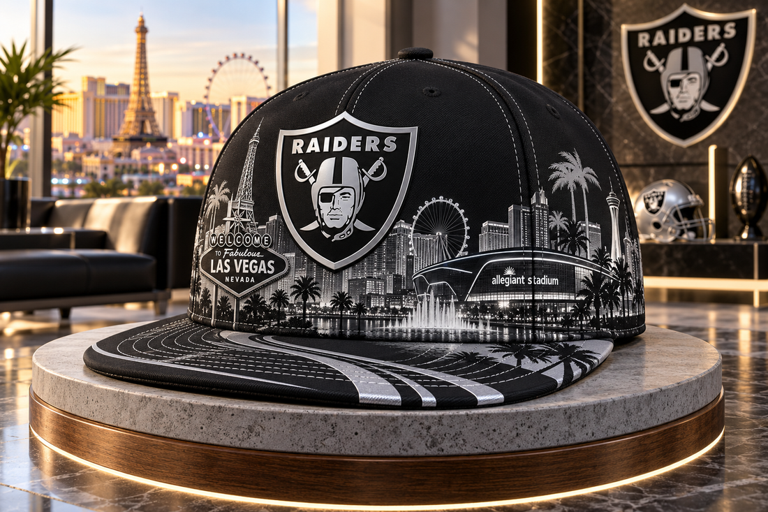 Las Vegas Raiders City Skyline Snapback Cap - Studio View