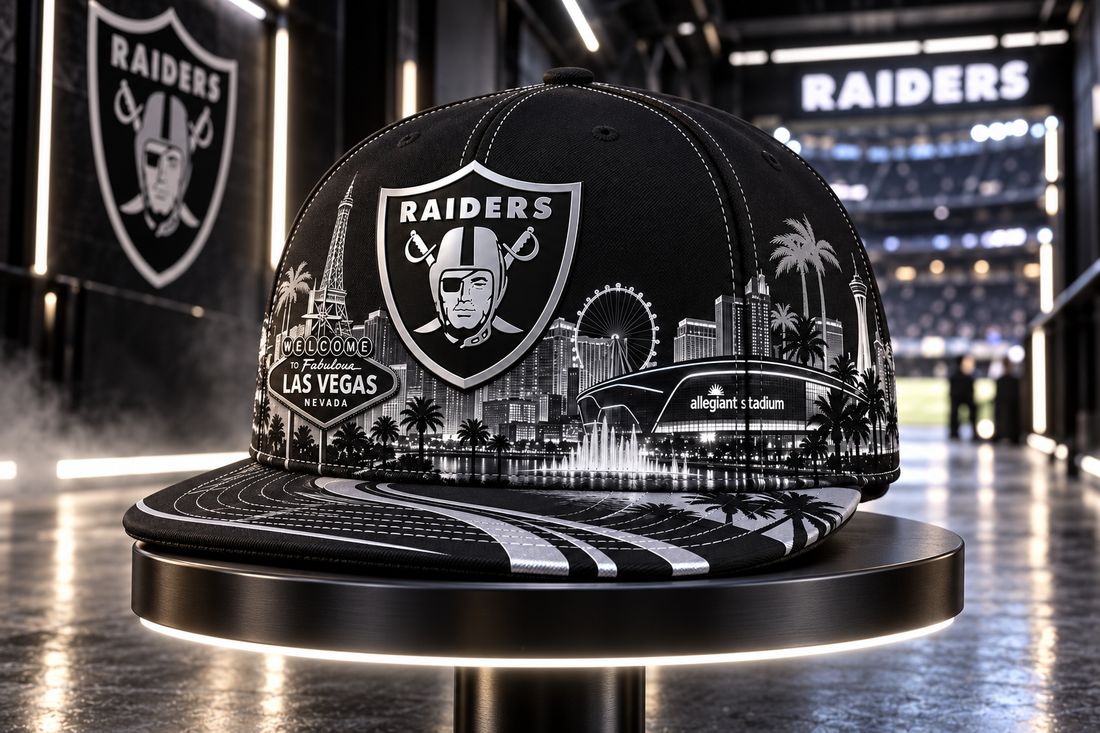 Las Vegas Raiders City Skyline Snapback Cap - Studio View