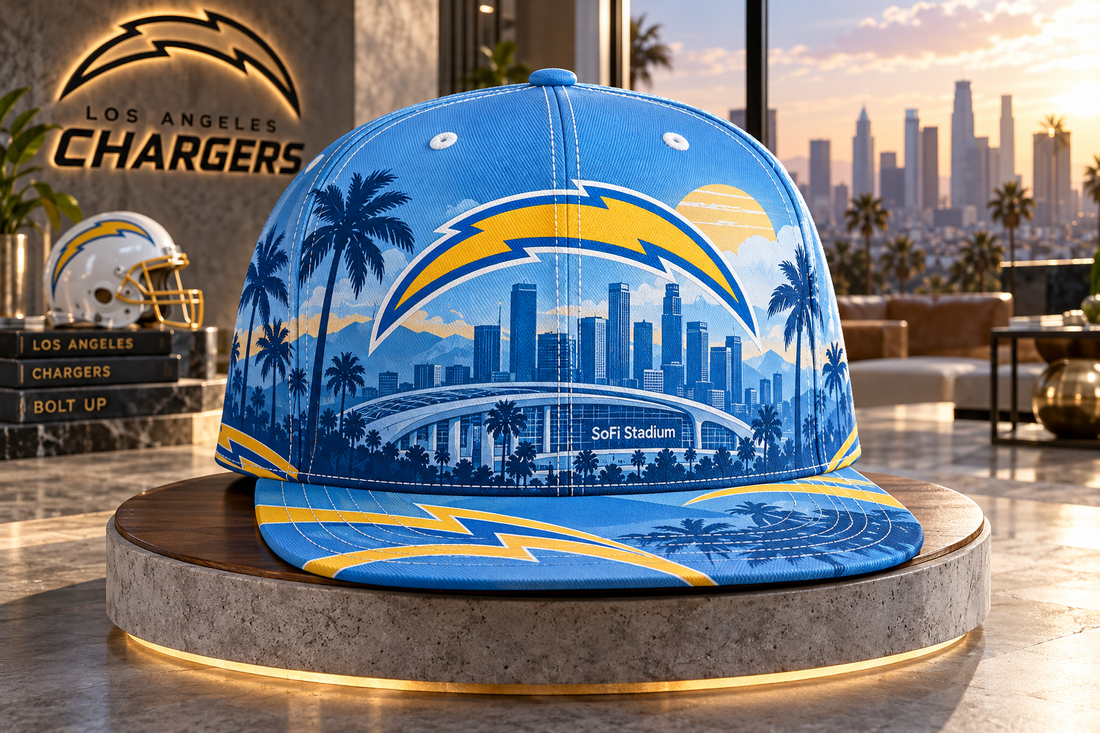 Los Angeles Chargers City Skyline Snapback Cap - Studio View