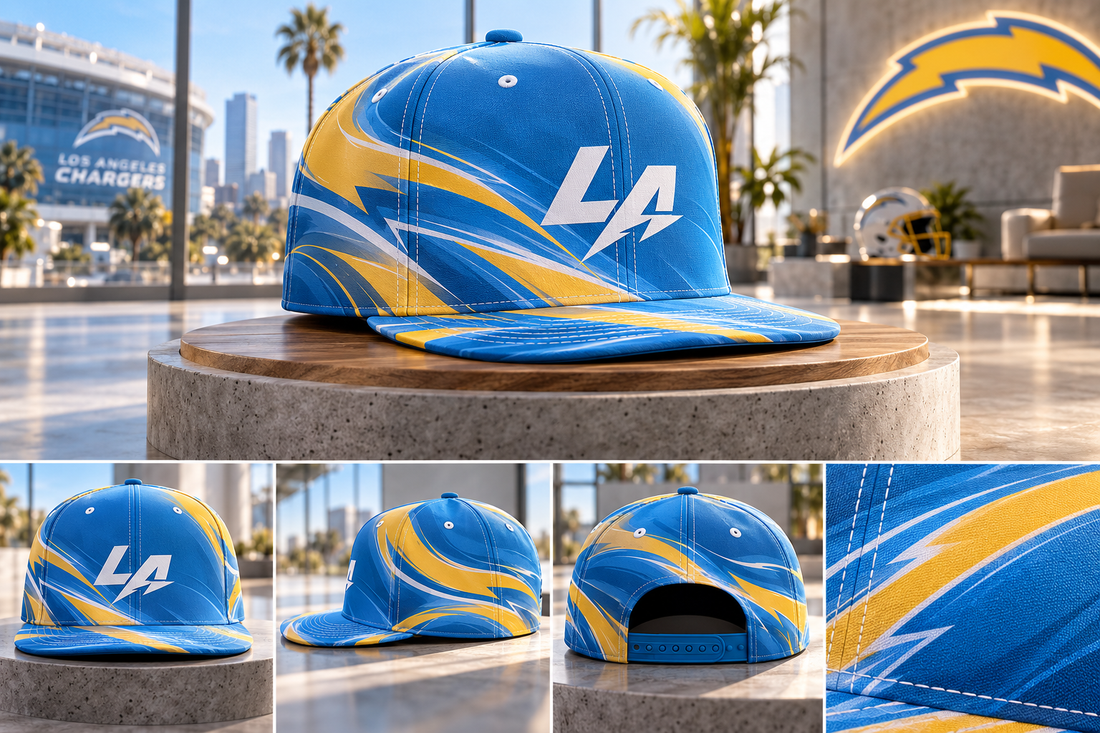 Los Angeles Chargers Minimalist Motion Wave Snapback Cap - Studio View