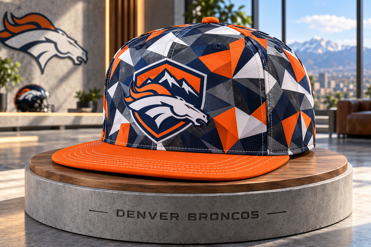 Denver Broncos Cyber Geometric Camo Snapback Cap - Studio View