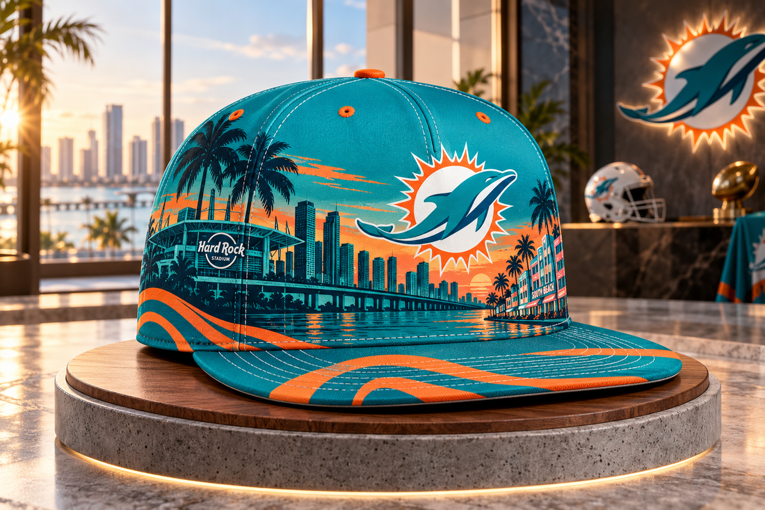 Miami Dolphins City Skyline Snapback Cap - Studio View