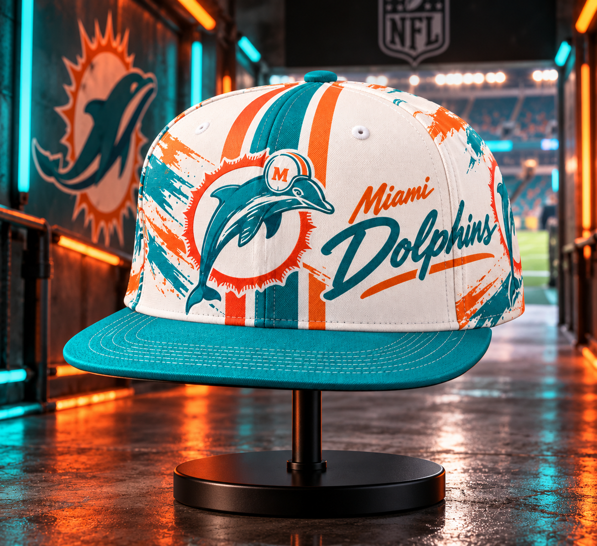 Miami Dolphins Retro 90s Throwback Snapback Cap - Stadium Tunnel Neon View